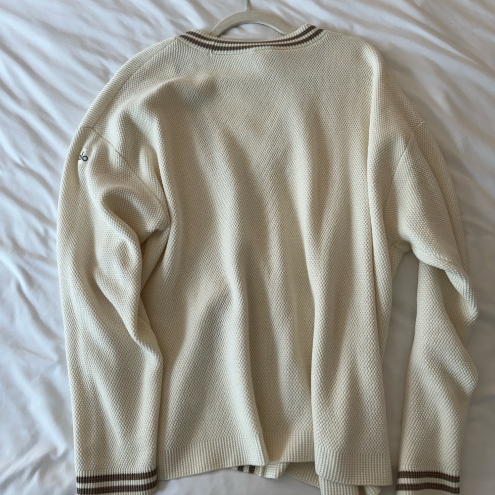 ALO Yoga Cream Knit Cardigan with Taupe Trim - Picture 6 of 8